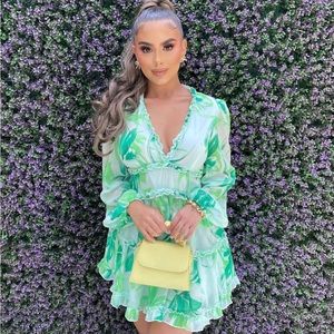 398. Evelyn Floral Frilled Detail Dress in Green